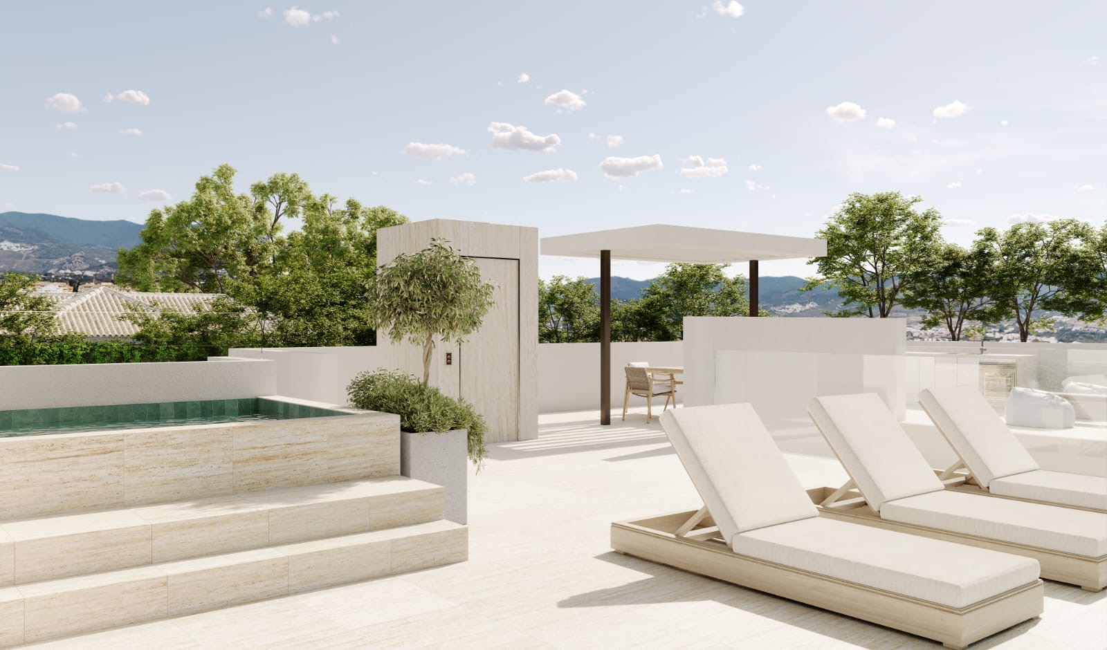 Panoramic rooftop solarium lounge render